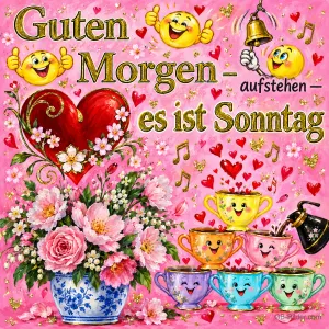 Lachende bunte Tassen, Blumen und ein rotes Herz auf Rosa, Text: Guten Morgen – aufstehen – es ist Sonntag
