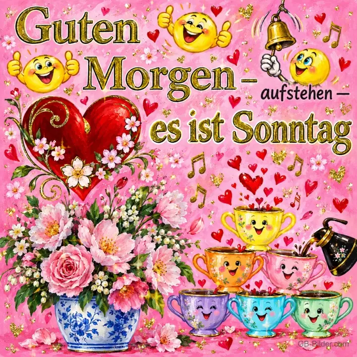 Lachende bunte Tassen, Blumen und ein rotes Herz auf Rosa, Text: Guten Morgen – aufstehen – es ist Sonntag