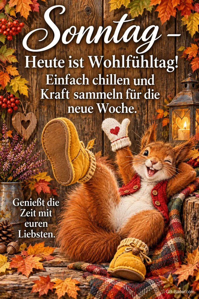 Eichhörnchen liegt mit Strickschuhen und Decke entspannt im Herbstlaub, Text: Sonntag – Heute ist Wohlfühltag! Einfach chillen und Kraft sammeln für die neue Woche. Genießt die Zeit mit euren Liebsten.