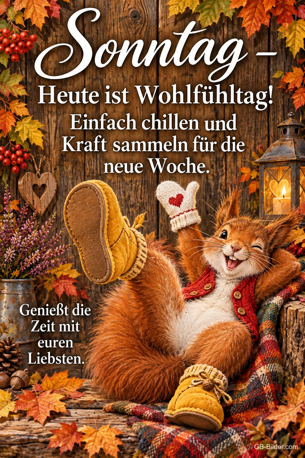 Eichhörnchen liegt mit Strickschuhen und Decke entspannt im Herbstlaub, Text: Sonntag – Heute ist Wohlfühltag! Einfach chillen und Kraft sammeln für die neue Woche. Genießt die Zeit mit euren Liebsten.