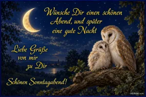Schleiereulen bei Mondsichel, Text: Wünsche Dir einen schönen Abend, und später eine gute Nacht