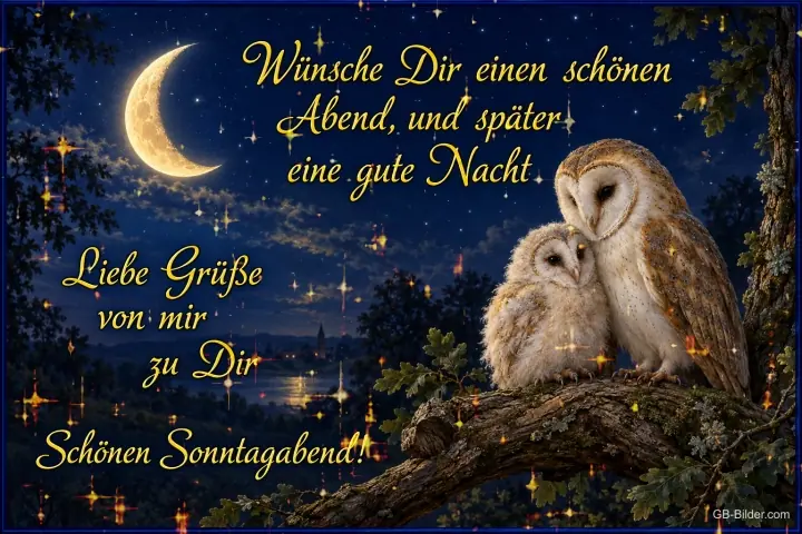Schleiereulen bei Mondsichel, Text: Wünsche Dir einen schönen Abend, und später eine gute Nacht Schleiereulen bei Mondsichel, Text: Wünsche Dir einen schönen Abend, und später eine gute Nacht