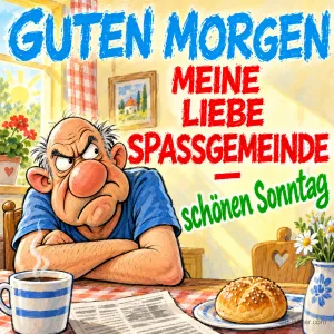 Grimmiger älterer Mann mit verschränkten Armen am Frühstückstisch, Text: GUTEN MORGEN MEINE LIEBE SPASSGEMEINDE – schönen Sonntag