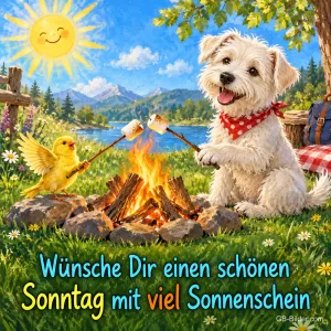 Hund und Vogel rösten Marshmallows am Lagerfeuer, Text: Wünsche Dir einen schönen Sonntag mit viel Sonnenschein