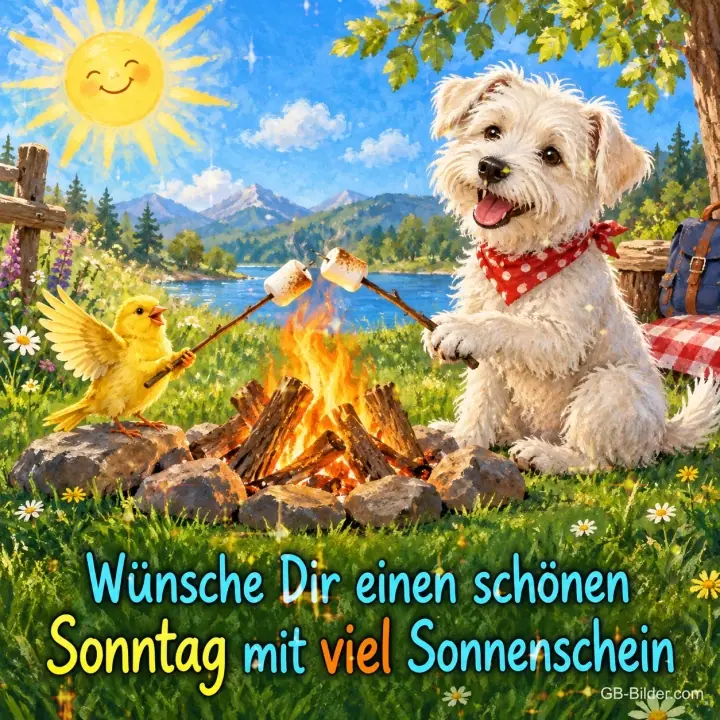 Hund und Vogel rösten Marshmallows am Lagerfeuer, Text: Wünsche Dir einen schönen Sonntag mit viel Sonnenschein