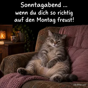 Grimmige Katze im Sessel, lustiger Spruch, Text: Sonntagabend