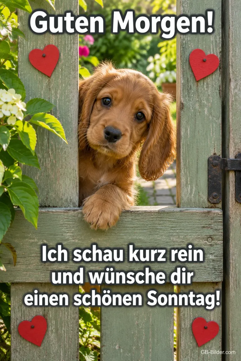 Cocker-Welpe schaut über ein Gartentor mit roten Herzen, Text: Guten Morgen! Ich schau kurz rein und wünsche dir einen schönen Sonntag!