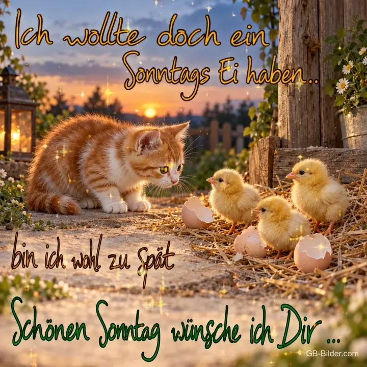 Kätzchen mit Küken, Text: Ich wollte doch ein Sonntags Ei haben