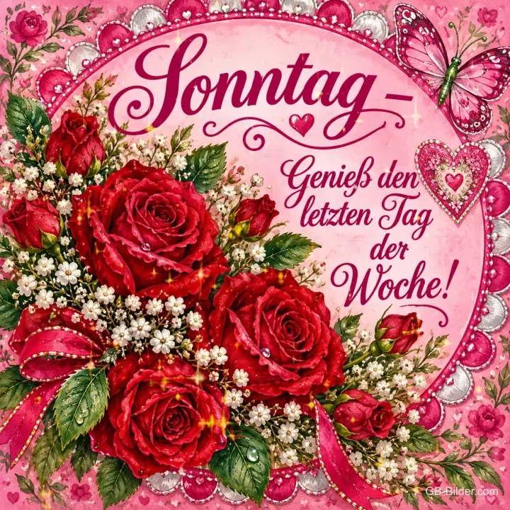 Strauß roter Rosen mit Schleierkraut in einem Kreisrahmen, Text: Sonntag – Genieß den letzten Tag der Woche!