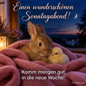 Hase und Küken kuscheln in einer rosa Decke am Abendfenster, Text: Einen wunderschönen Sonntagabend! – Komm morgen gut in die neue Woche!