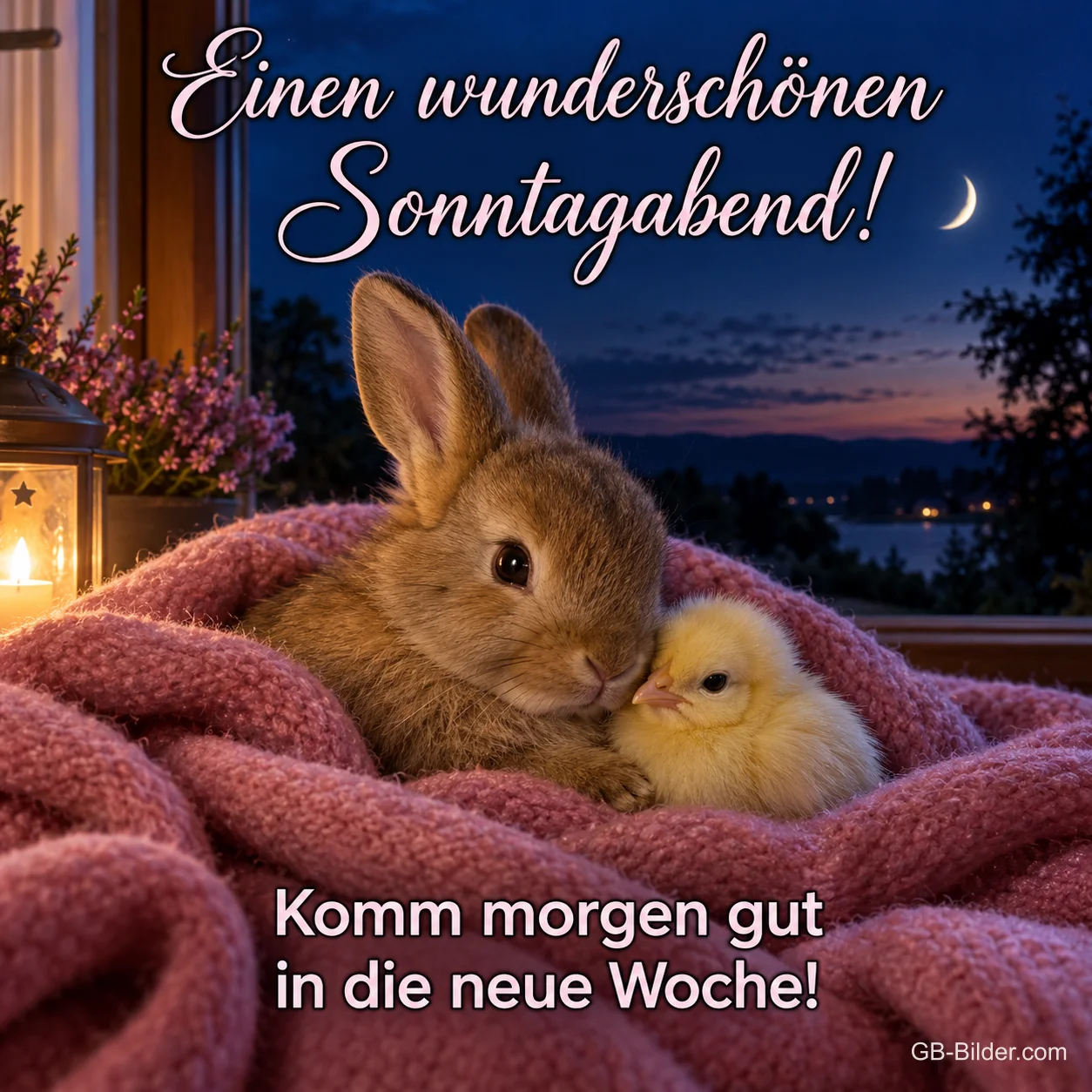 Hase und Küken kuscheln in einer rosa Decke am Abendfenster, Text: Einen wunderschönen Sonntagabend! – Komm morgen gut in die neue Woche!