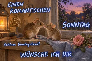 Zwei Mäuse stupsen sich am Fenster neben Kerze und Rose an, Text: Einen romantischen Sonntag wünsche ich dir – Schönen Sonntagabend!