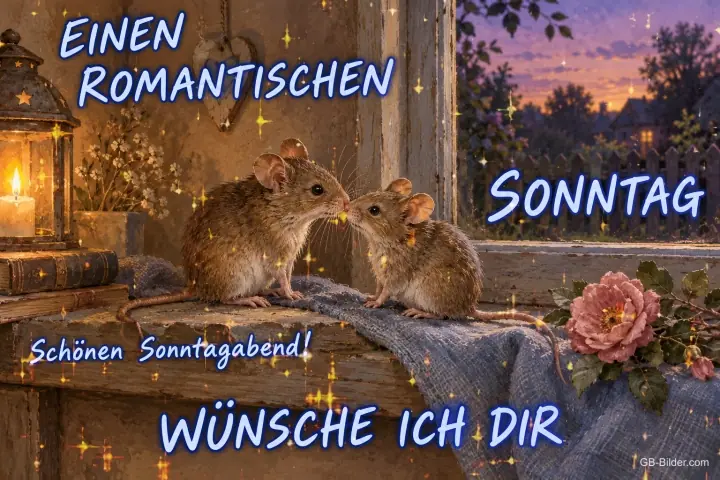 Zwei Mäuse stupsen sich am Fenster neben Kerze und Rose an, Text: Einen romantischen Sonntag wünsche ich dir – Schönen Sonntagabend!