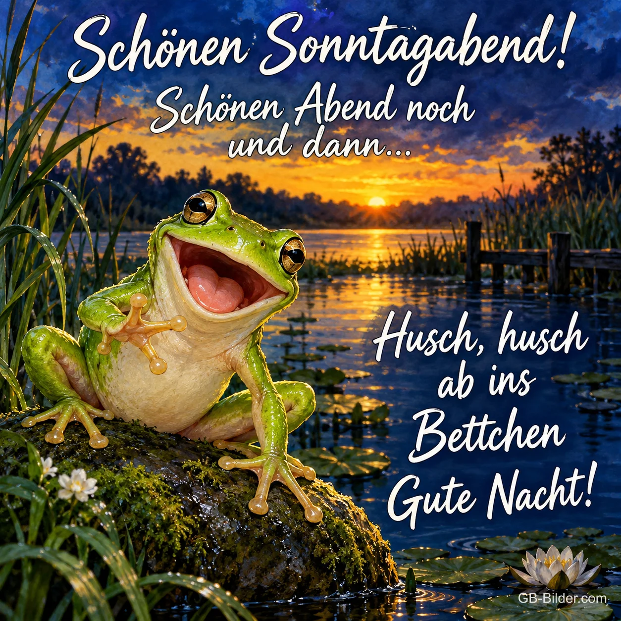 Lachender Laubfrosch sitzt auf einem Stein am See bei Sonnenuntergang, Text: Schönen Sonntagabend! Schönen Abend noch und dann... Husch, husch ab ins Bettchen Gute Nacht! Lachender Laubfrosch sitzt auf einem Stein am See bei Sonnenuntergang, Text: Schönen Sonntagabend! Schönen Abend noch und dann... Husch, husch ab ins Bettchen Gute Nacht!