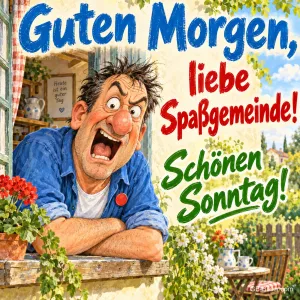 Zerzauster Mann lehnt sich verschlafen aus dem Fenster mit Blumenkästen, Text: Guten Morgen, liebe Spaßgemeinde! Schönen Sonntag!
