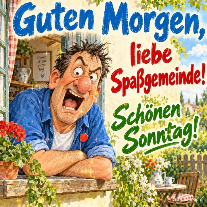 Zerzauster Mann lehnt sich verschlafen aus dem Fenster mit Blumenkästen, Text: Guten Morgen, liebe Spaßgemeinde! Schönen Sonntag!