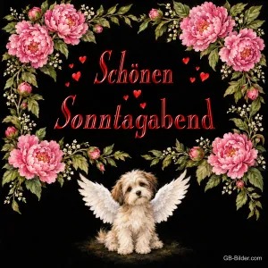Kleiner Hund mit Engelsflügeln unter einem Rahmen aus rosa Pfingstrosen, Text: Schönen Sonntagabend