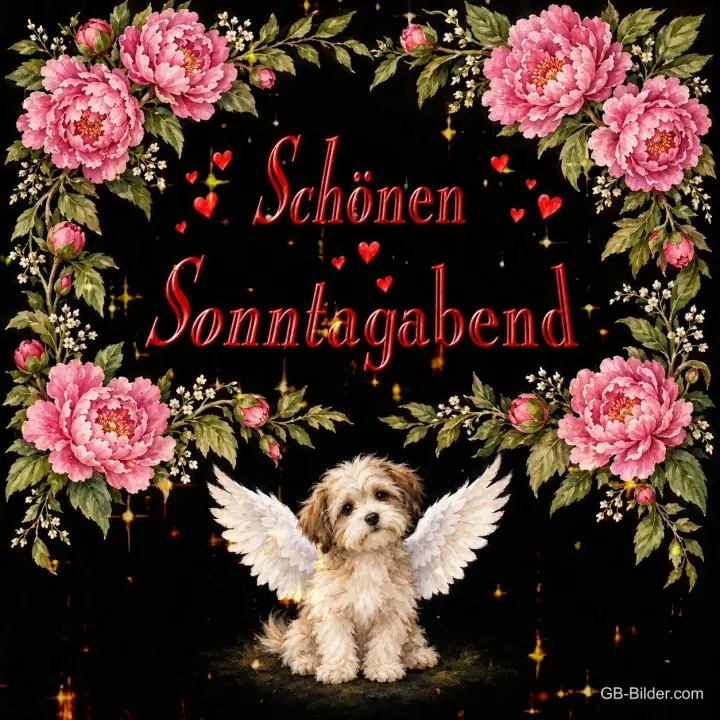 Kleiner Hund mit Engelsflügeln unter einem Rahmen aus rosa Pfingstrosen, Text: Schönen Sonntagabend