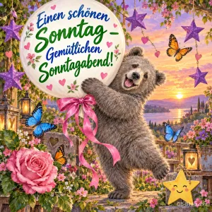 Bär umarmt einen großen Ballon zwischen Rosen und Sternen, Text: Einen schönen Sonntag – Gemütlichen Sonntagabend!
