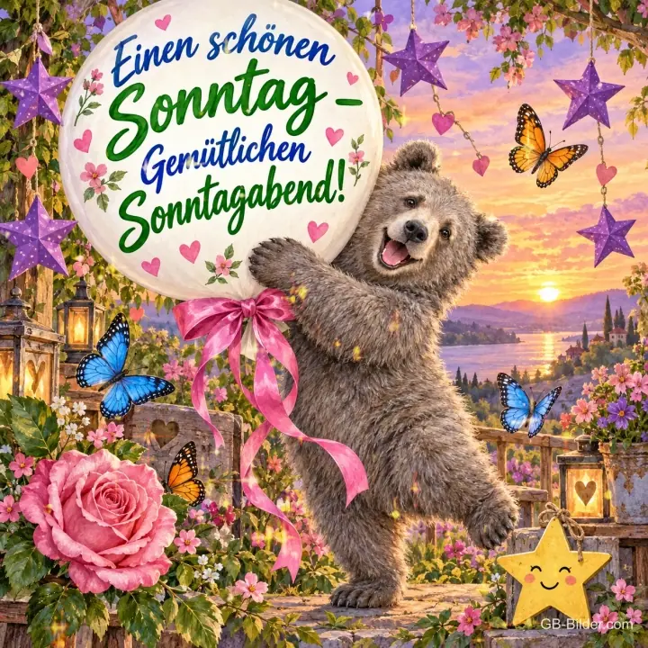Bär umarmt einen großen Ballon zwischen Rosen und Sternen, Text: Einen schönen Sonntag – Gemütlichen Sonntagabend!