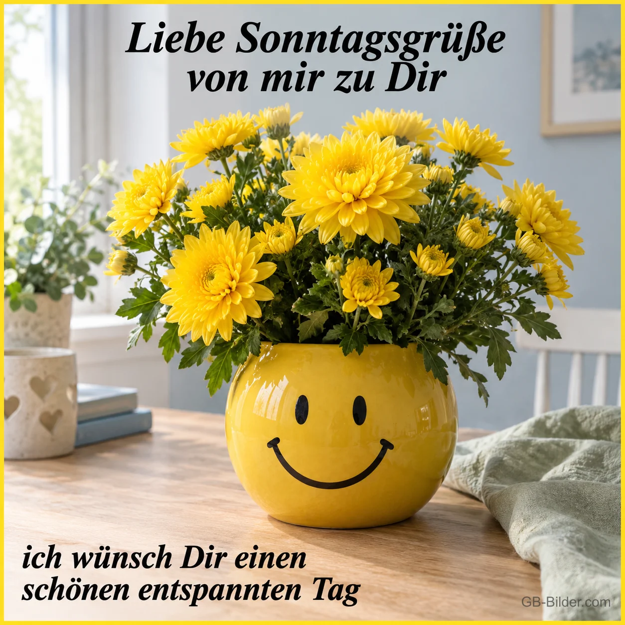 Chrysanthemen in der Smiley-Vase, Text: Liebe Sonntagsgrüße von mir zu Dir