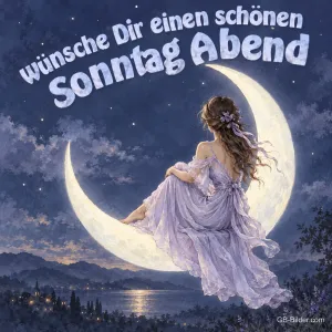 Frau im lila Kleid sitzt auf einer Mondsichel über einem See, Text: Wünsche Dir einen schönen Sonntag Abend