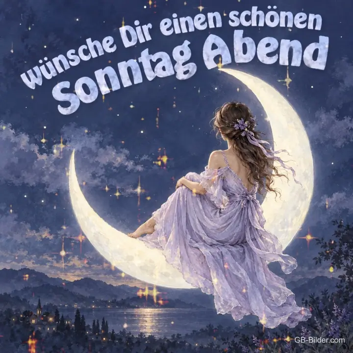 Frau im lila Kleid sitzt auf einer Mondsichel über einem See, Text: Wünsche Dir einen schönen Sonntag Abend