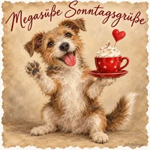 Terrier winkt und hält eine Tasse Kakao mit Herz, Text: Megasüße Sonntagsgrüße