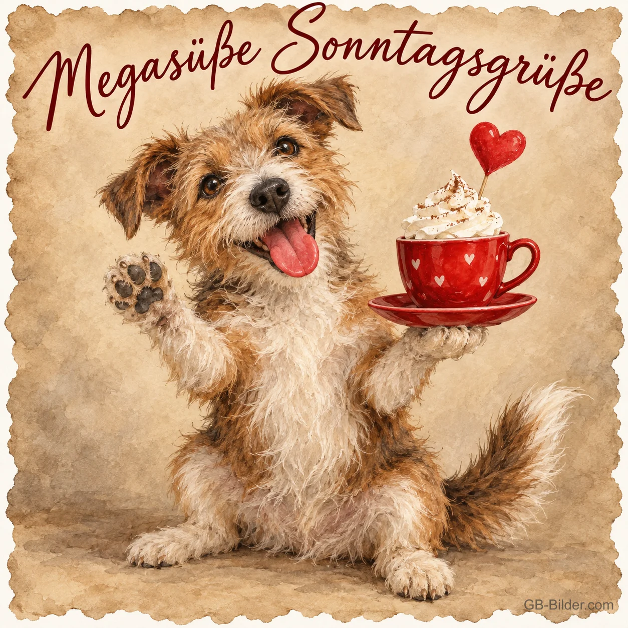 Terrier winkt und hält eine Tasse Kakao mit Herz, Text: Megasüße Sonntagsgrüße