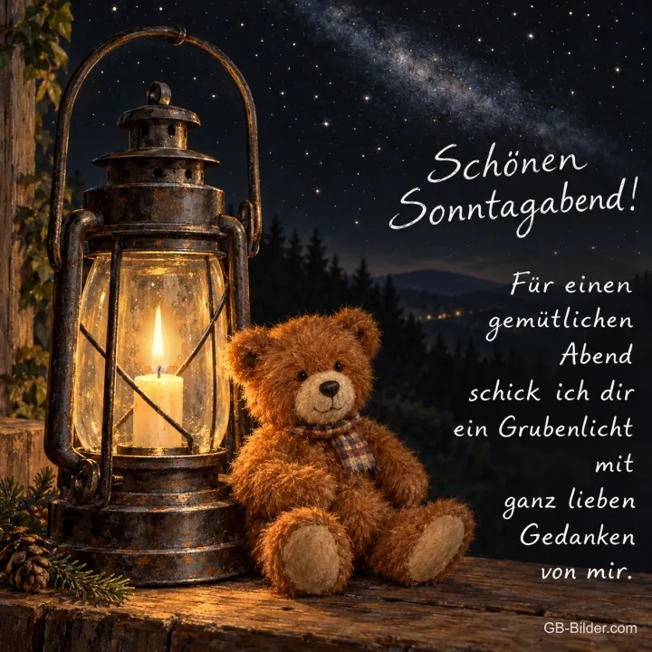 Teddybär sitzt neben einer leuchtenden Grubenlampe unter dem Sternenhimmel, Text: Schönen Sonntagabend! Für einen gemütlichen Abend schick ich dir ein Grubenlicht mit ganz lieben Gedanken von mir.