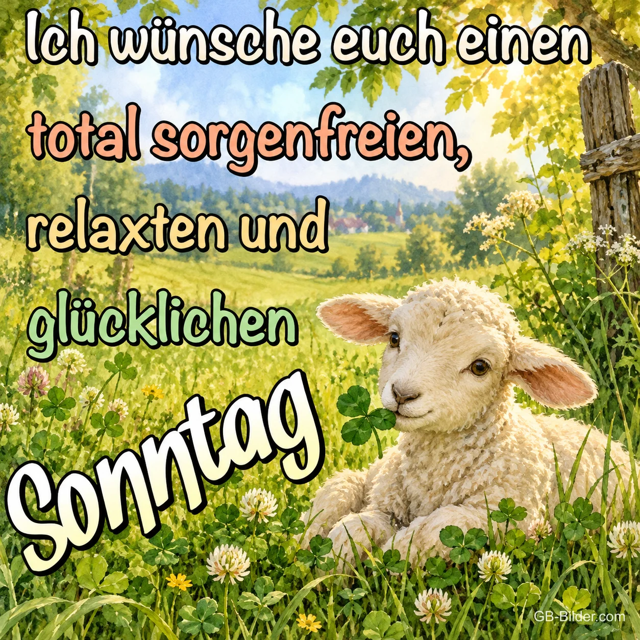 Lamm in der Kleewiese, Text: Ich wünsche euch einen total sorgenfreien, relaxten und glücklichen So
