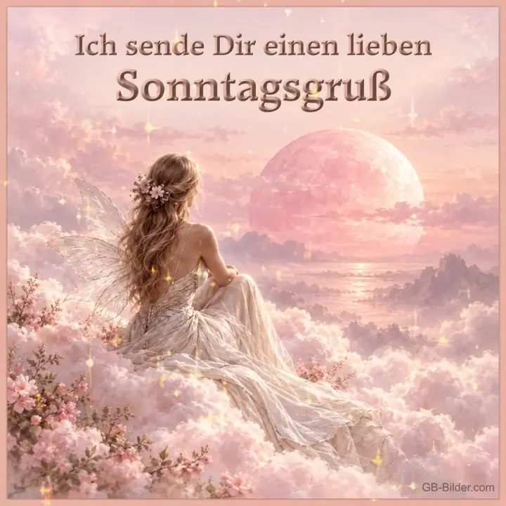Elfe im weißen Kleid sitzt auf rosa Wolken vor einem großen Mond, Text: Ich sende Dir einen lieben Sonntagsgruß