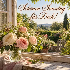 Rosen am offenen Fenster, Text: Schönen Sonntag für Dich