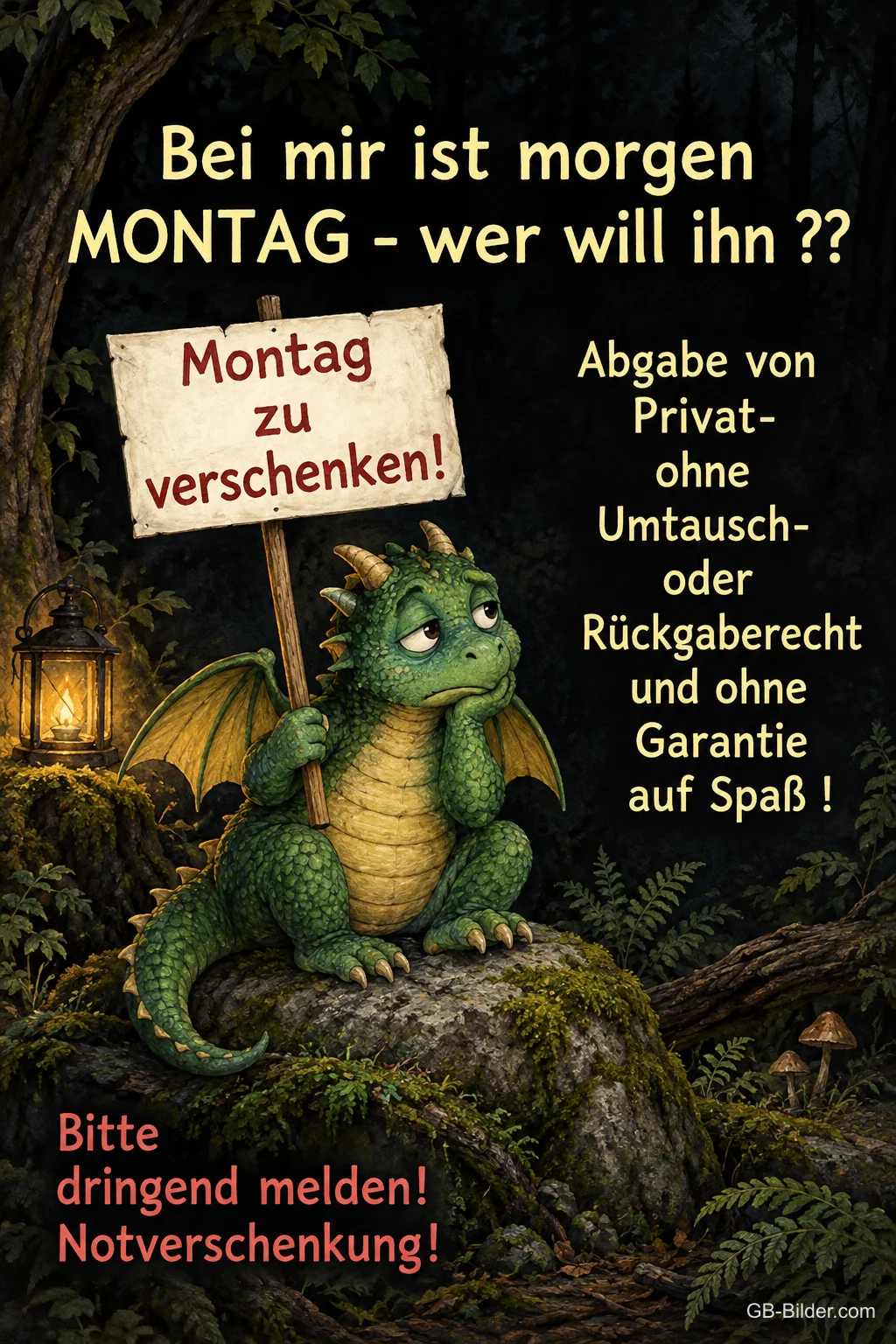 Drache mit Schild, lustiger Spruch, Text: Bei mir ist morgen MONTAG