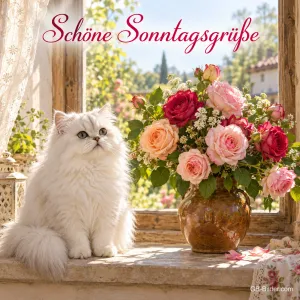 Weißes Perserkätzchen neben einem Rosenstrauß am Fenster, Text: Schöne Sonntagsgrüße