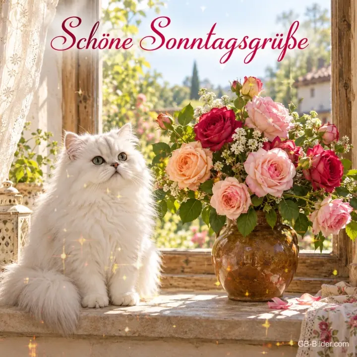 Weißes Perserkätzchen neben einem Rosenstrauß am Fenster, Text: Schöne Sonntagsgrüße