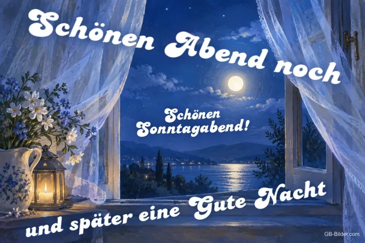 Offenes Fenster mit Laterne und Blick auf den nächtlichen See, Text: Schönen Abend noch und später eine Gute Nacht – Schönen Sonntagabend!