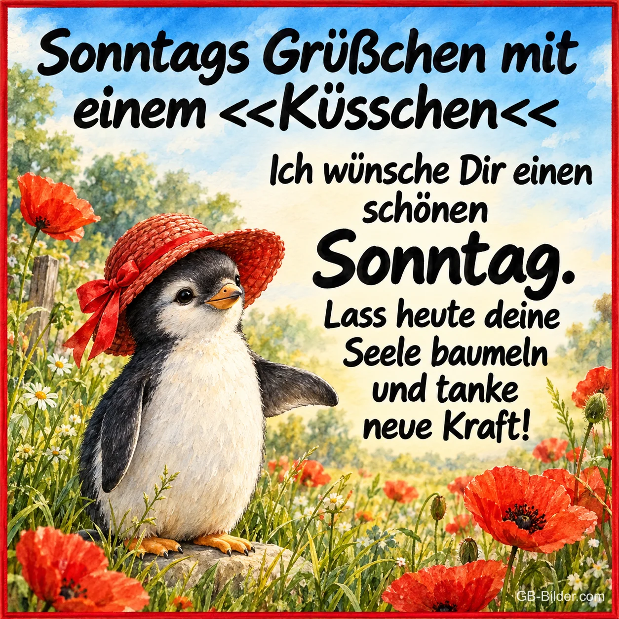 Pinguin mit rotem Hut, Text: Sonntags Grüßchen mit einem Küsschen