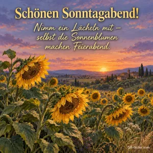 Sonnenblumenfeld bei Sonnenuntergang, Text: Schönen Sonntagabend! Nimm ein Lächeln mit – selbst die Sonnenblumen machen Feierabend.