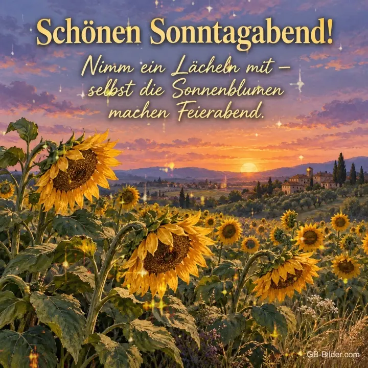 Sonnenblumenfeld bei Sonnenuntergang, Text: Schönen Sonntagabend! Nimm ein Lächeln mit – selbst die Sonnenblumen machen Feierabend.