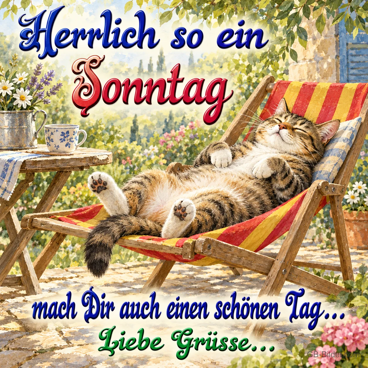 Katze im Liegestuhl, Text: Herrlich so ein Sonntag