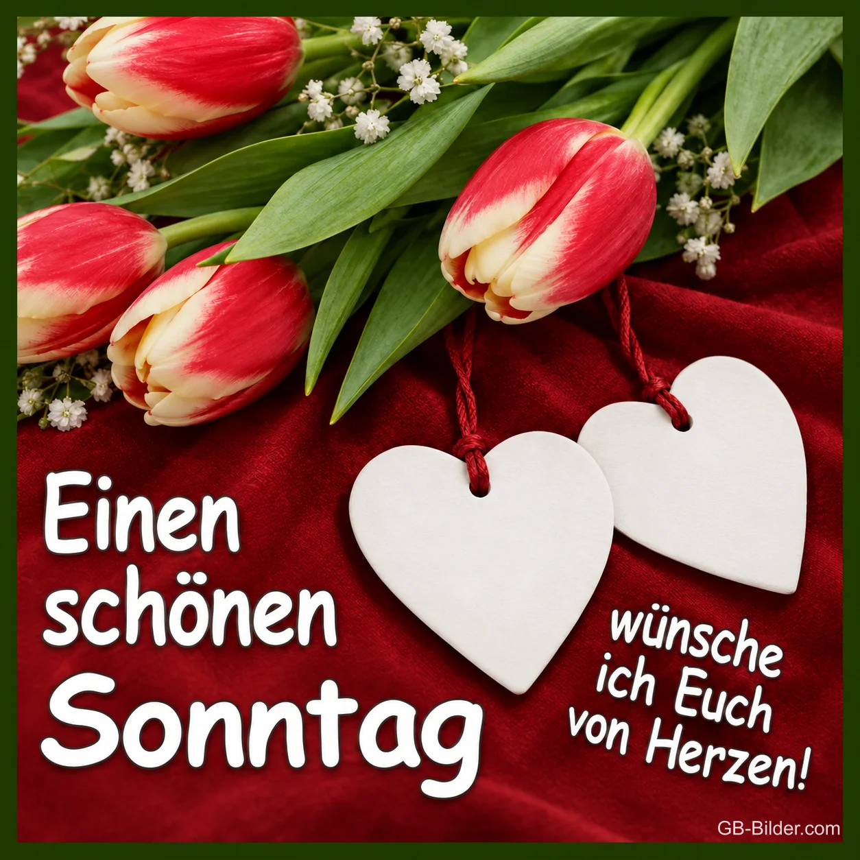 Rot-weiße Tulpen und zwei Holzherzen auf rotem Stoff, Text: Einen schönen Sonntag wünsche ich Euch von Herzen!