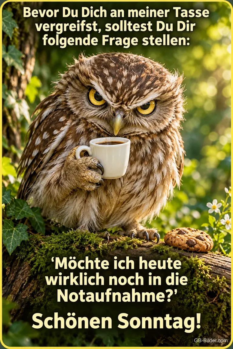 Grimmige Eule hält eine Kaffeetasse auf einem Ast, Text: Bevor Du Dich an meiner Tasse vergreifst, solltest Du Dir folgende Frage stellen: "Möchte ich heute wirklich noch in die Notaufnahme?" Schönen Sonntag!
