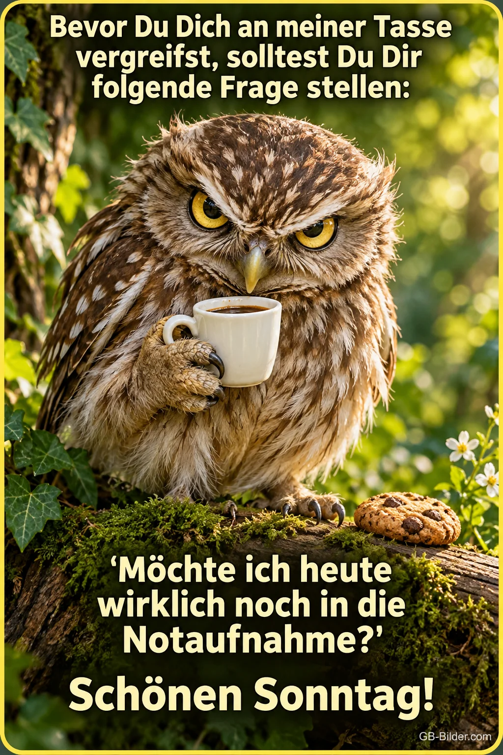 Grimmige Eule hält eine Kaffeetasse auf einem Ast, Text: Bevor Du Dich an meiner Tasse vergreifst, solltest Du Dir folgende Frage stellen: "Möchte ich heute wirklich noch in die Notaufnahme?" Schönen Sonntag!