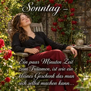 Frau mit Rose döst entspannt auf einer Gartenbank zwischen Rosen, Text: Sonntag – Ein paar Minuten Zeit zum Träumen, ist wie ein kleines Geschenk das man sich selbst machen kann…