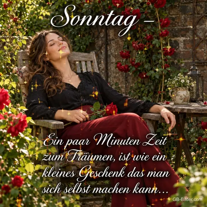 Frau mit Rose döst entspannt auf einer Gartenbank zwischen Rosen, Text: Sonntag – Ein paar Minuten Zeit zum Träumen, ist wie ein kleines Geschenk das man sich selbst machen kann…
