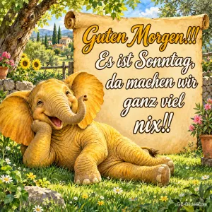 Elefantenbaby liegt lachend im Gras vor einer Schriftrolle, Text: Guten Morgen!!! Es ist Sonntag, da machen wir ganz viel nix!!