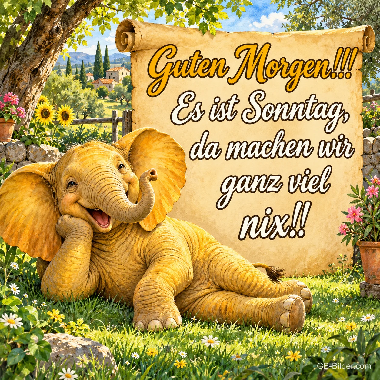 Elefantenbaby liegt lachend im Gras vor einer Schriftrolle, Text: Guten Morgen!!! Es ist Sonntag, da machen wir ganz viel nix!!