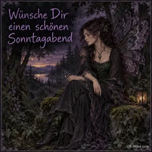 Elfe mit lila Flügeln sitzt in einem dunklen Wald am See, Text: Wünsche Dir einen schönen Sonntagabend