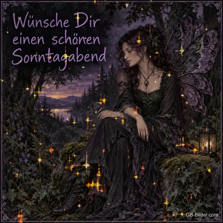 Elfe mit lila Flügeln sitzt in einem dunklen Wald am See, Text: Wünsche Dir einen schönen Sonntagabend